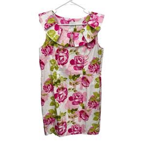 Sarah Campbell Dress Pink Floral Rose Sheath Ruffle Collar Size 16